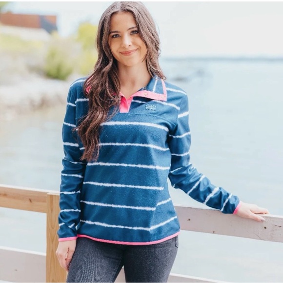 Simply Southern Tops - Simply Southern Navy White Pink Tie Dye Stripe Fleece Pullover Jacket Size XXL